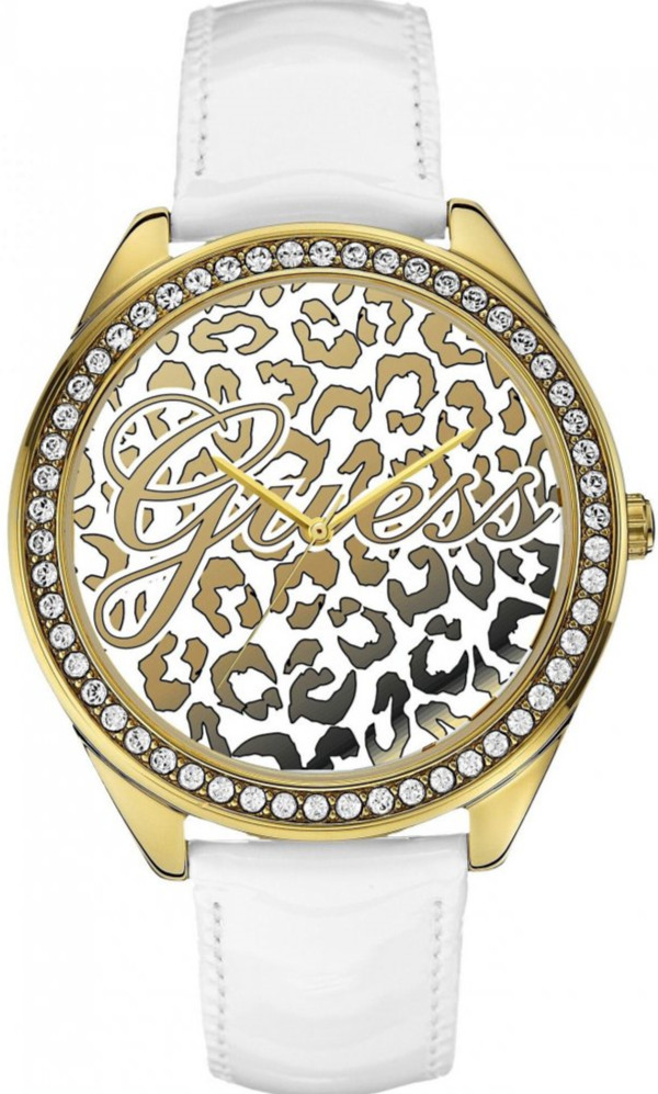 Guess Watches : W0346L1 Quartz Analog Crystal Bezel White Leather Strap Women Watch