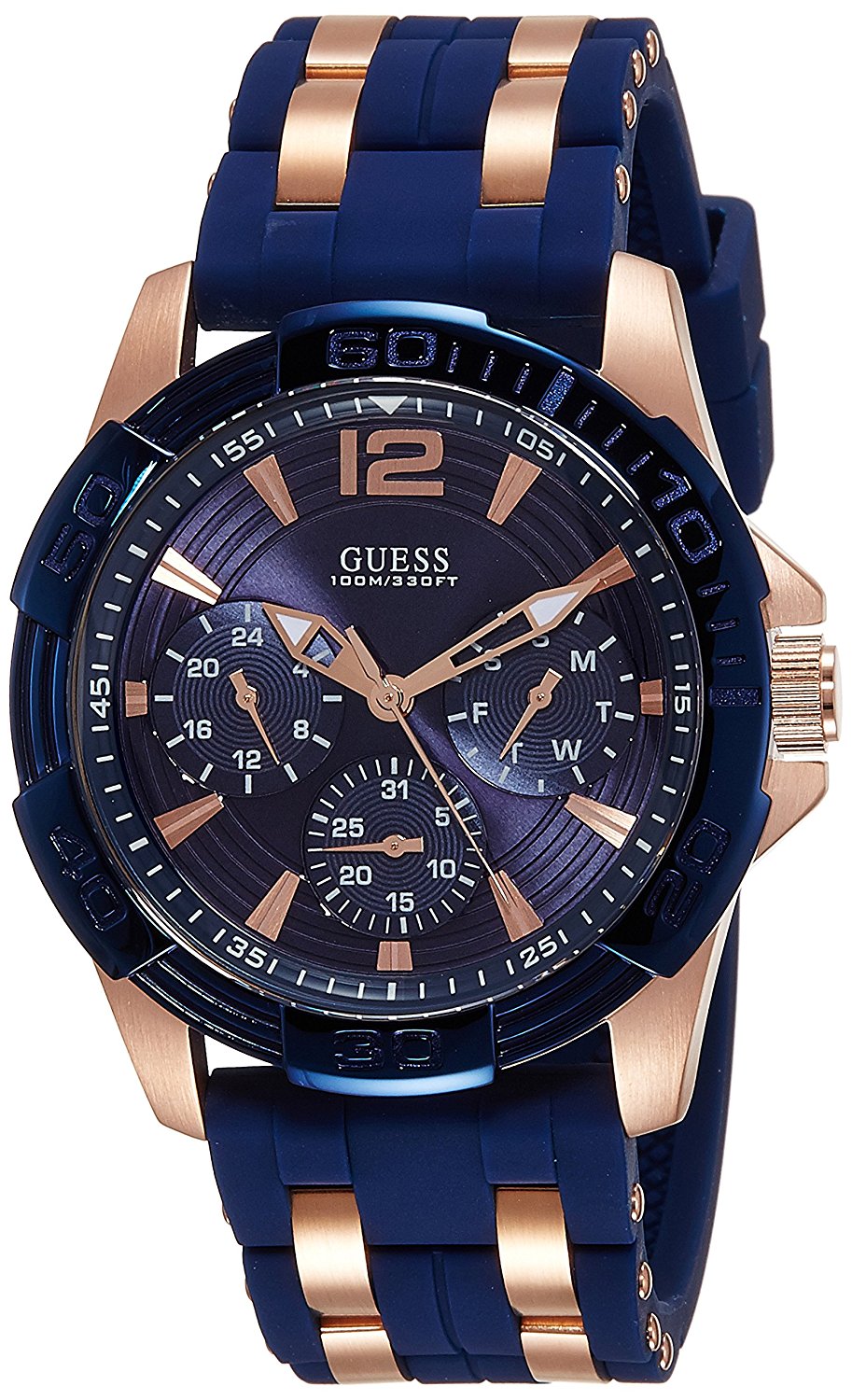 Guess Watches : W0366G4 Blue Dial Day & Date 24 Hour Stone Set Men Watch