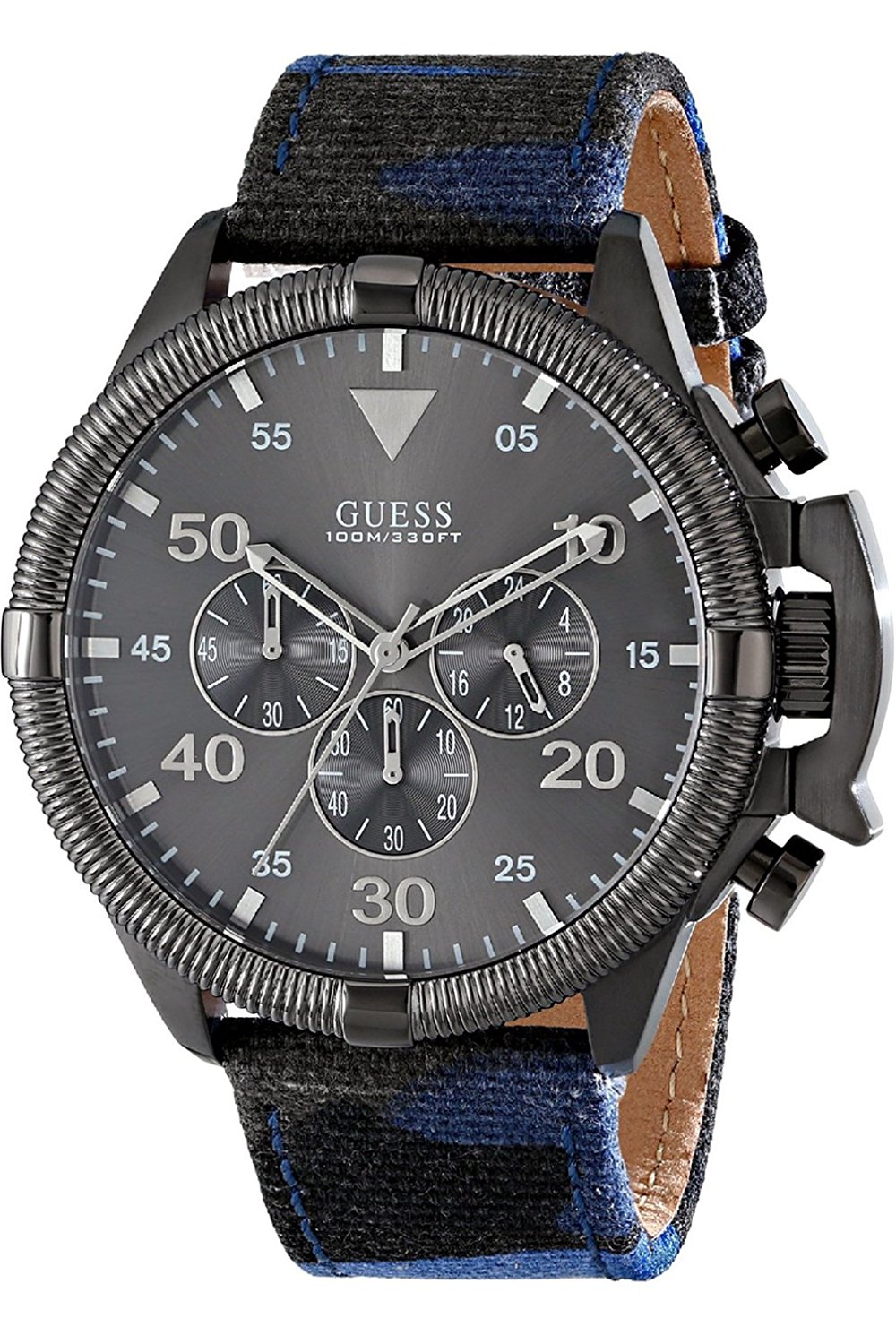 Guess Watches : W0480G3 Black Charcoal Dial Leather Band Men Watch
