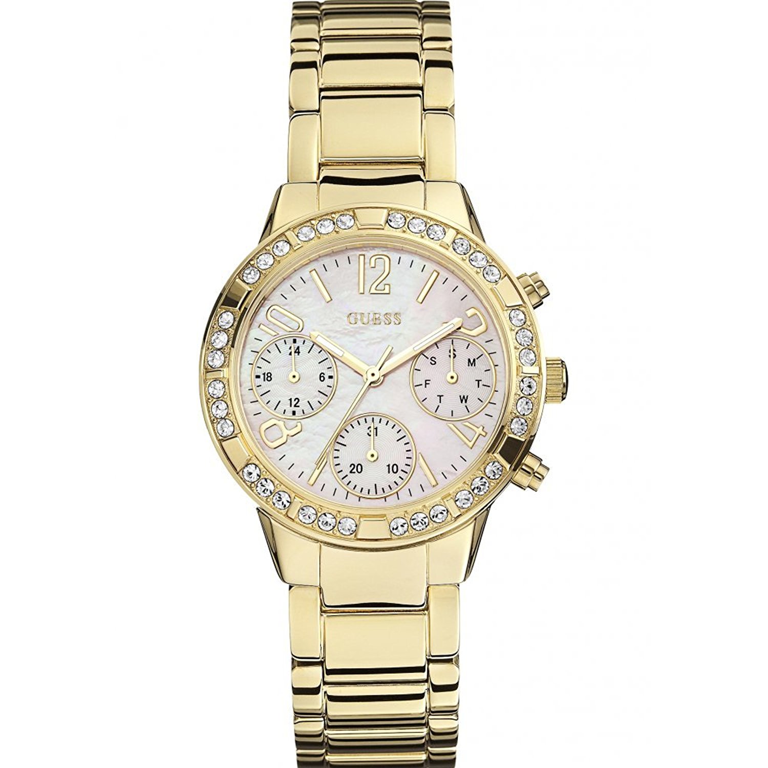 Guess Watches : W0546L2 White Dial Day & Date 24 Hour Stone Set Women Watch