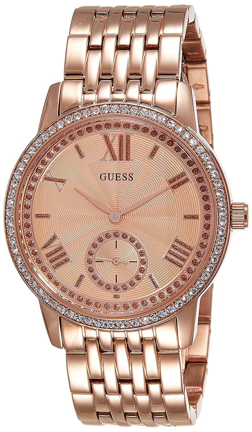 Guess Watches : W0573L3 Rose Gold Dial Seconds Sub Dial Stone Set Women Watch