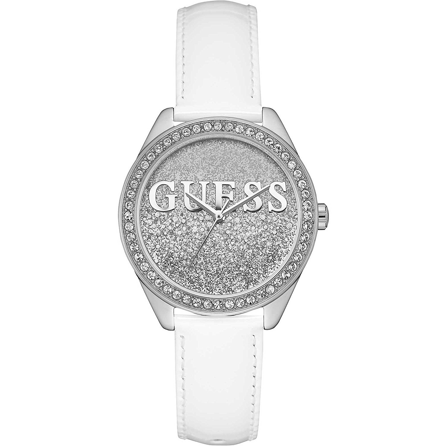 Guess Watches : W0823L1 Quartz Analog Crystal Bezel White Leather Women Watch