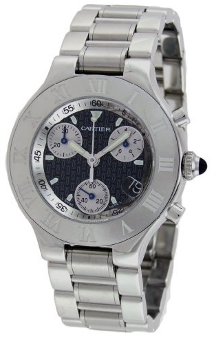 Cartier Watches : W10172T2 Calibre 272 Quartz Brushed And Polished Stainless Steel Black Double C Chronograph With Magnified Date At 4 Dial Brushed And Polished Stainless Steel Band Men Watch