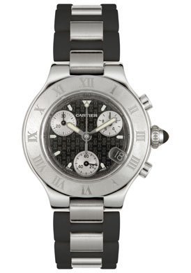 Cartier Watches : W10198U2 Calibre 471 Quartz Brushed Stainless Steel Black Double C Chronograph With Magnified Date At 4 Dial Black Rubber And Stainless Steel Band Women Watch