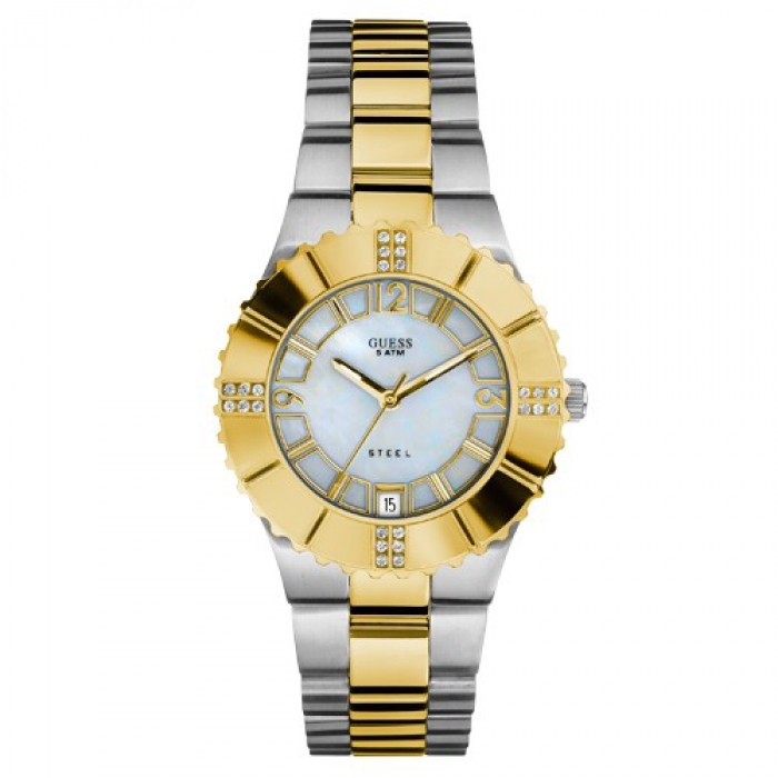 Guess Watches : W10220L1 Quartz White Dial Gold Tone Stainless Steel Case With Gold And Stainless Steel Bracelet Women Watch