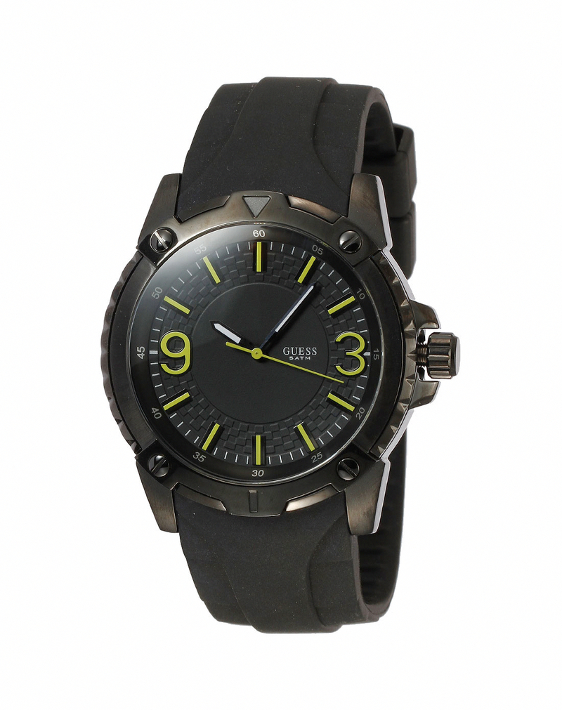 Guess Watches : W10251G2 Quartz Black Dial Stainless Steel Case With Black Leather Strap Men Watch