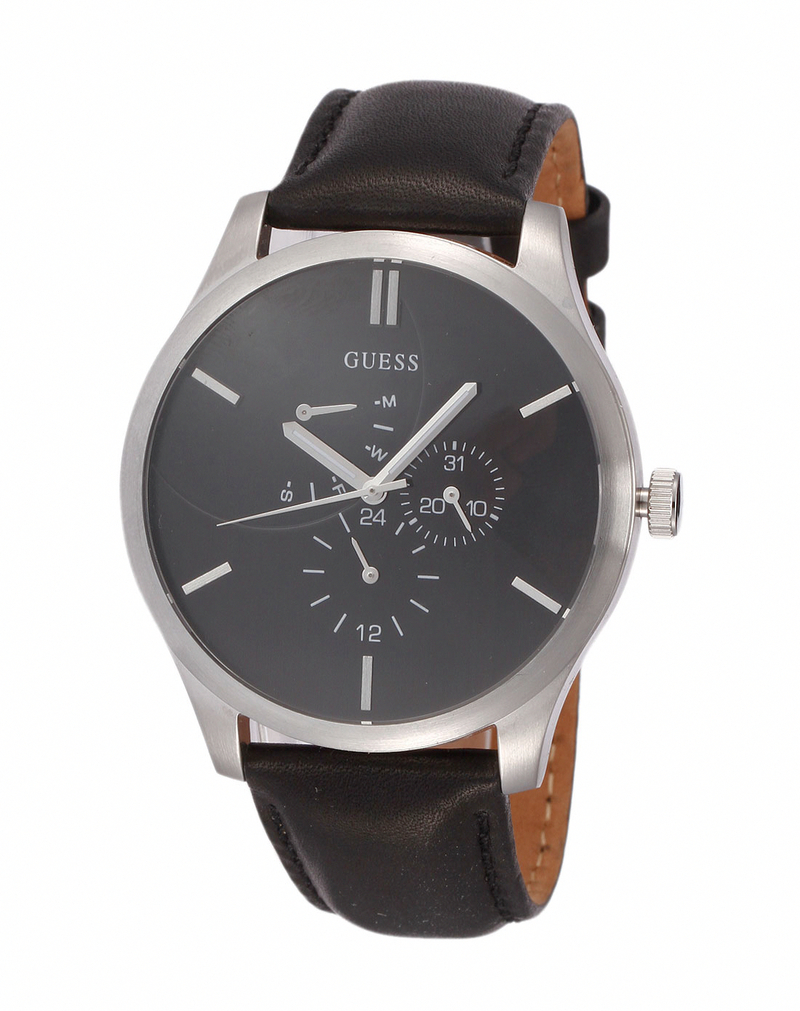 Guess Watches : W10253G1 Quartz Black Dial Stainless Steel Case With Black Leather Strap Men Watch