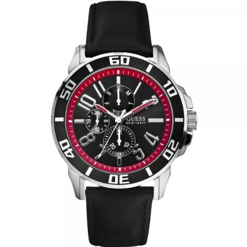 Guess Watches : W10602G1 Quartz Black Dial Stainless Steel Case With Black Leather Strap Men Watch