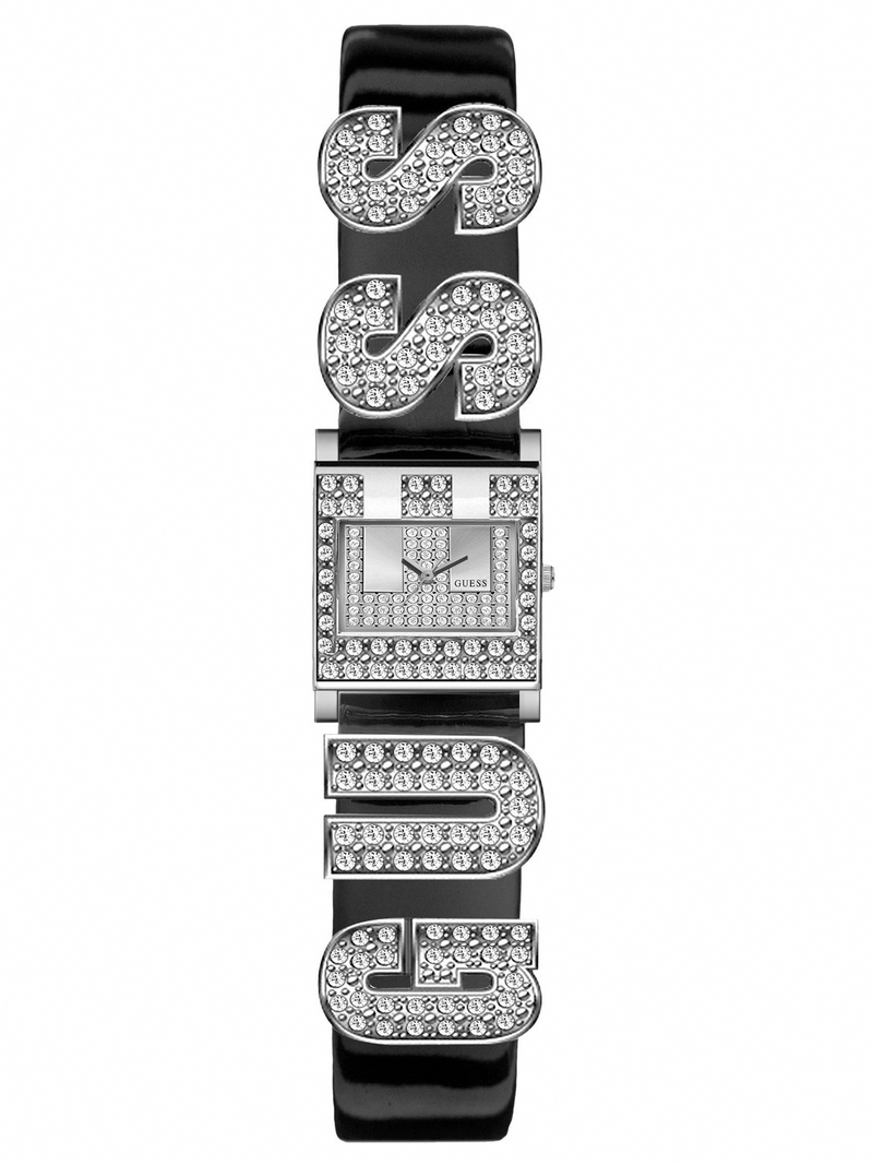 Guess Watches : W10610L2 Quartz Silver Dial Stainless Steel Case With Black Leather Strap Women Watch