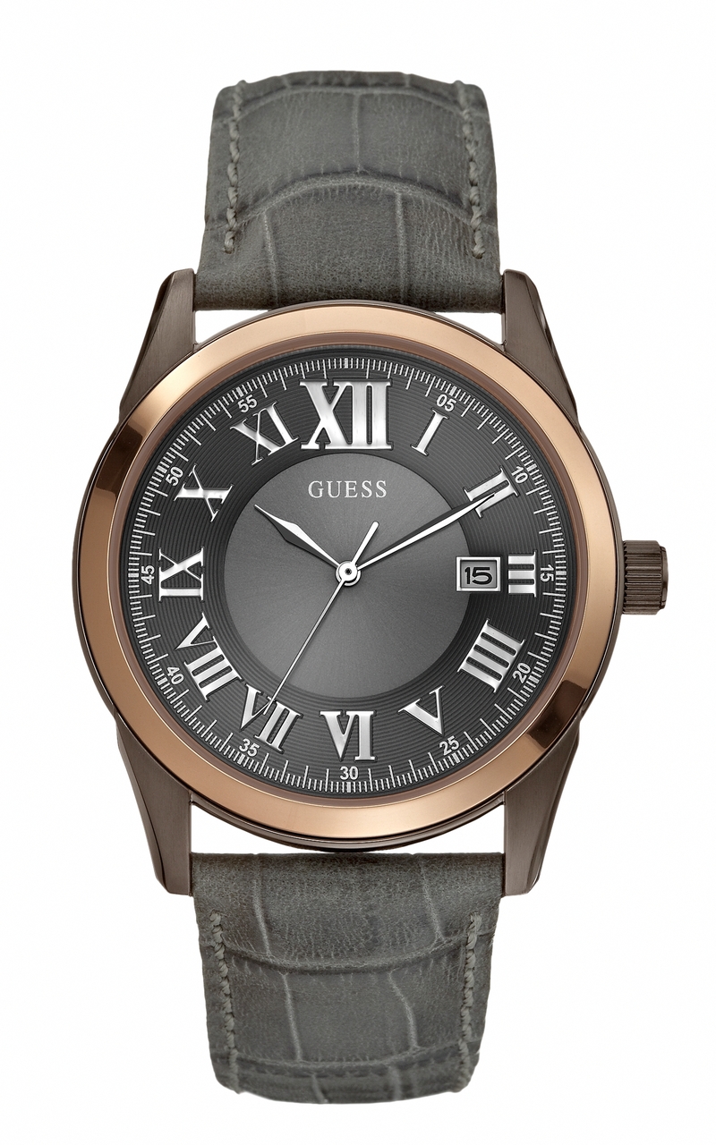 Guess Watches : W10613G1 Quartz Black Dial Rose Gold Tone Stainless Steel Case With Gray Leather Strap Men Watch