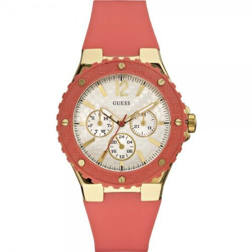 Guess Watches : W10614L1 Quartz White Dial Stainless Steel Case With Red Bezel And Leather Strap Women Watch