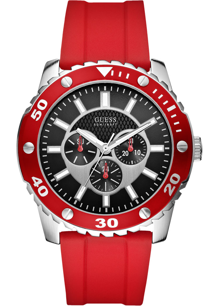 Guess Watches : W10616G4 Quartz Black Dial Stainless Steel Case With Red Silicone Strap Men Watch