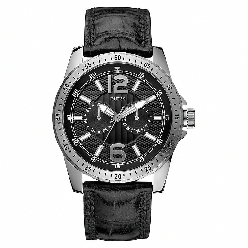 Guess Watches : W11141G1 Quartz Black Dial Stainless Steel Case With Black Leather Strap Men Watch