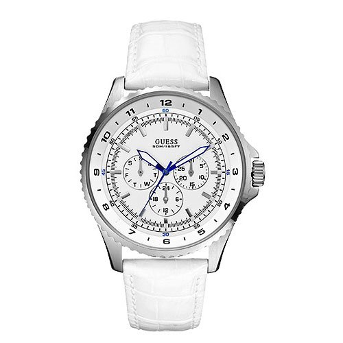 Guess Watches : W11172G2 Quartz White Mother Of Pearl Dial Stainless Steel Case, Diamonds With White Leather Strap Men Watch