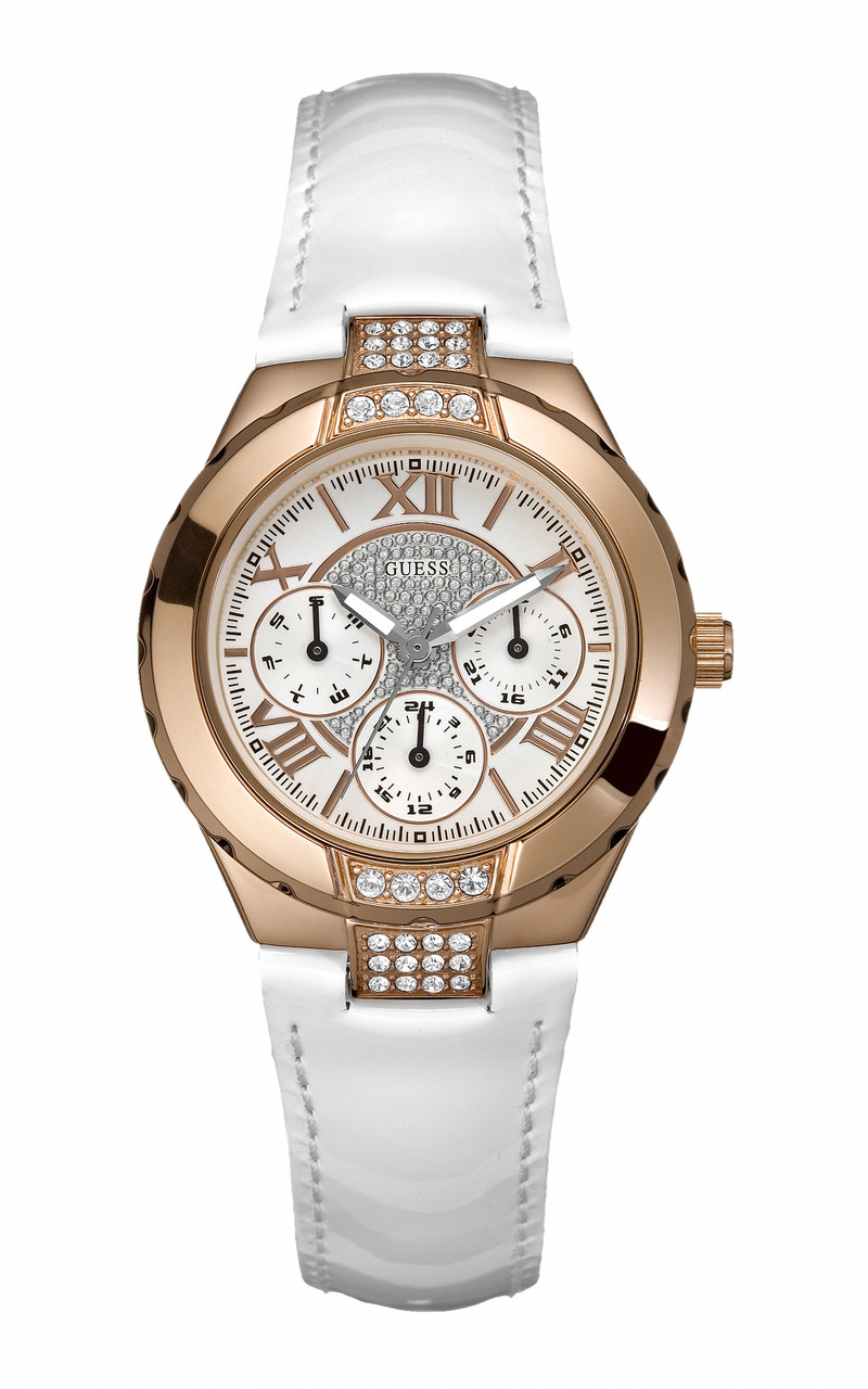 Guess Watches : W11566L1 Quartz White Dial Rose Gold Case With White Leather Strap Women Watch