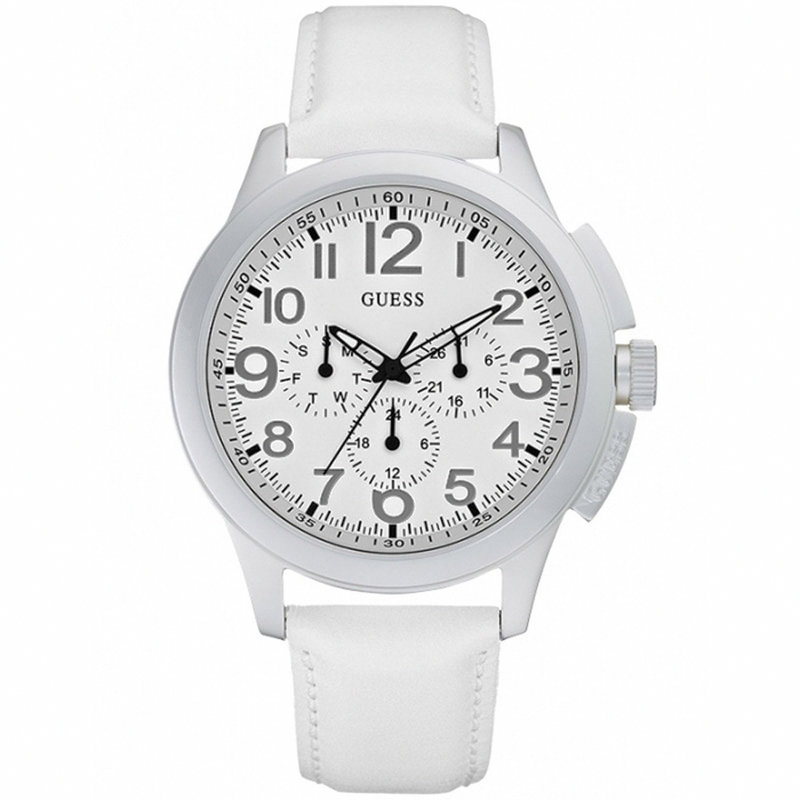 Guess Watches : W11585G2 Quartz WHite Dial Stainless Steel Case With White Leather Strap Women Watch