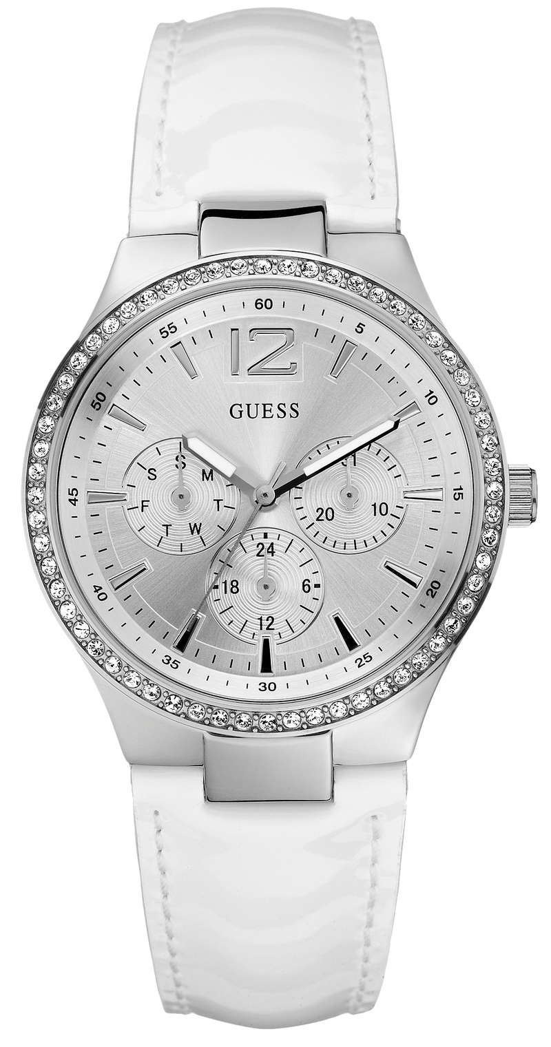 Guess Watches : W11586L3 Quartz White Dial Stainless Steel Case With White Leather Strap Women Watch
