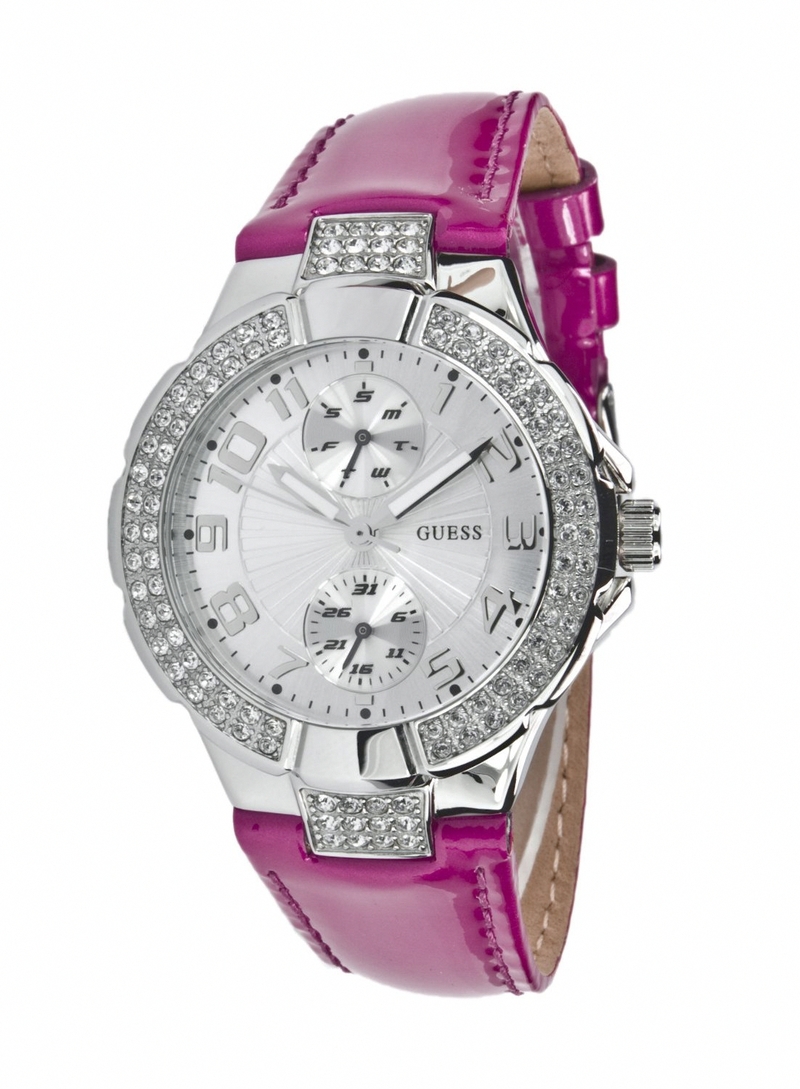 Guess Watches : W11607L3 Quartz Silver Dial Stainless Steel Case With Red Leather Strap Women Watch