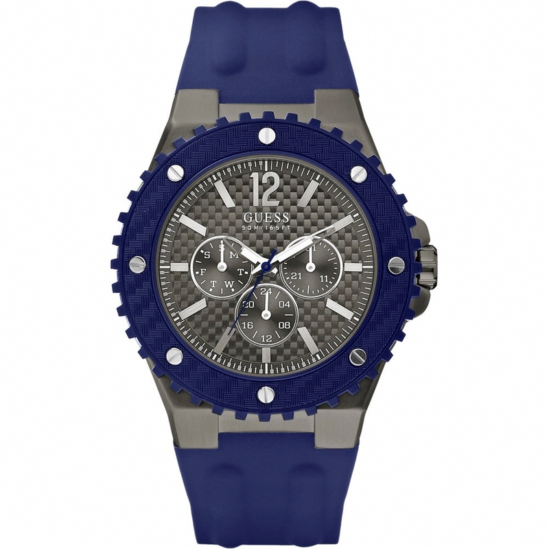 Guess Watches : W11619G2 Quartz Black Dial Stainless Steel Case With Blue Silicone Strap Men Watch