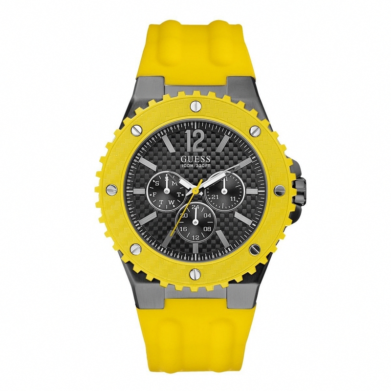 Guess Watches : W11619G5 Quartz Black Dial Stainless Steel Case With Yellow Silicone Strap Men Watch