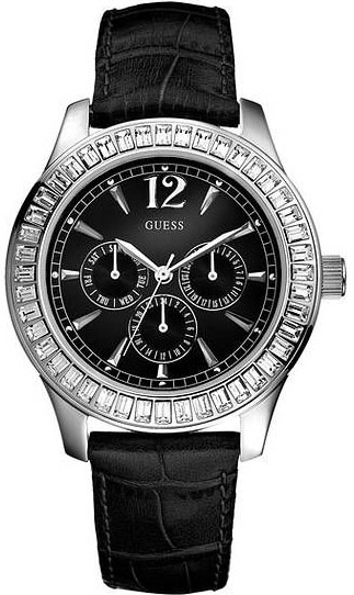 Guess Watches : W12053L1 Quartz Day and Date Black Leather Women Watch