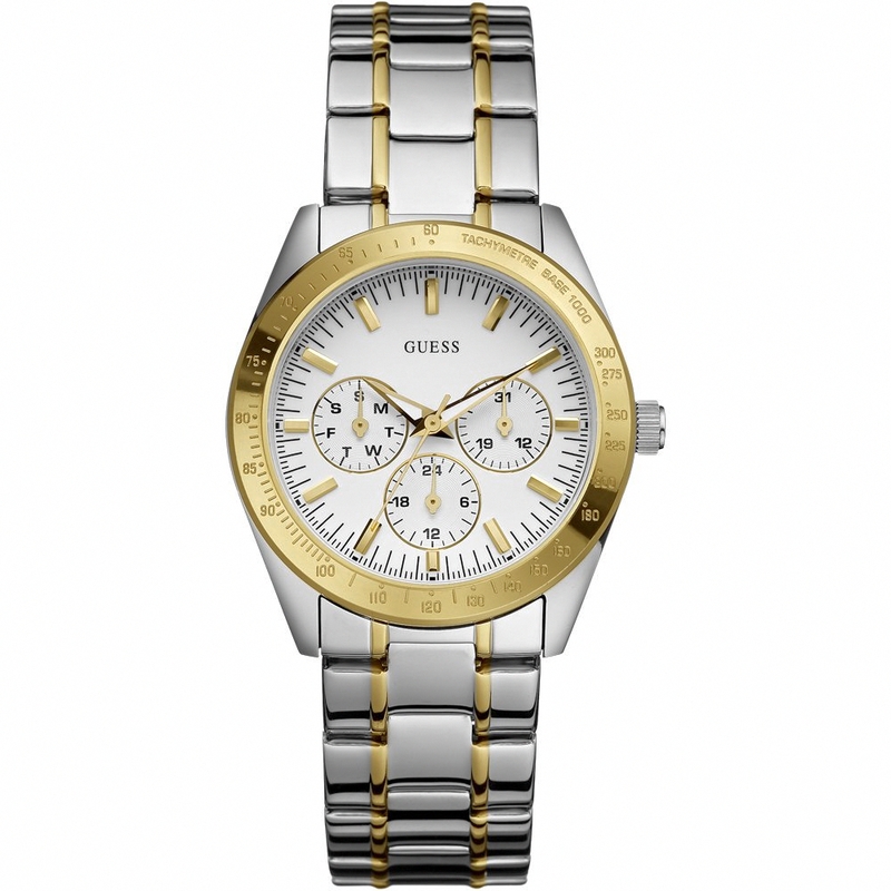 Guess Watches : W12083L2 Quartz White Dial Gold Tone Stainless Steel Case With Gold And Stainless Steel Bracelet Women Watch