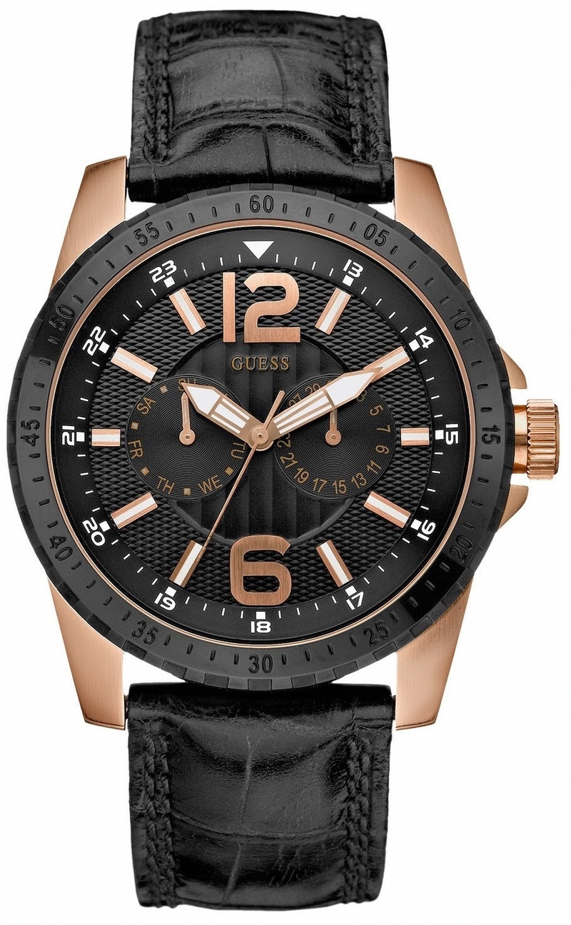 Guess Watches : W12091G2 Quartz Black Dial Stainless Steel Case With Black Leather Strap Men Watch