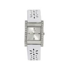 Guess Watches : W12099L1 Quartz Silver Dial Stainless Steel Cae With White Leather Strap Women Watch