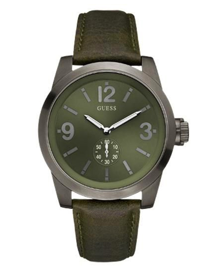 Guess Watches : W12108G1 Quartz Green Dial Stainless Steel Case With Black Leather Strap Men Watch