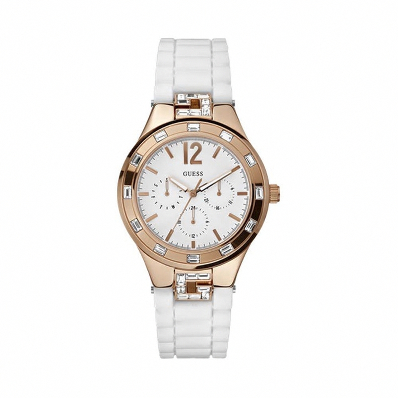 Guess Watches : W12120L1 Quartz White Dial Rose Gold Stainless Steel Case With White Stainless Steel Bracelet Women Watch