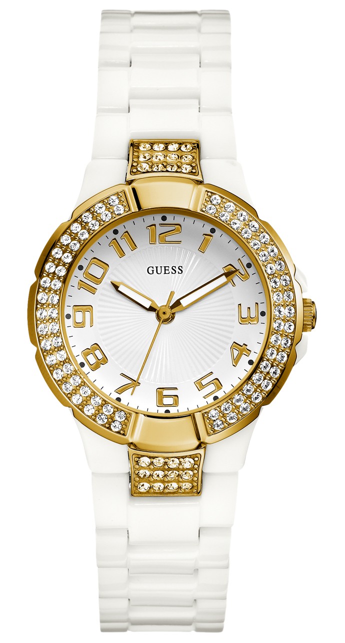 Guess Watches : W12649L2 Quatz White Dial Gold Tone Stainless Steel Case With White Polycarbonat Strap Women Watch