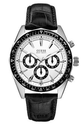 Guess Watches : W13592G1 Quartz White Dial Stainless Steel Case With Black Leather Strap Men Watch