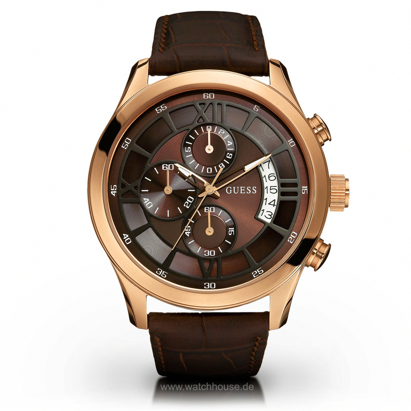 Guess Watches : W14052G2 Quartz Silver Dial Stainless Steel Case, Rose Gold Hour Indices With Brown Leather Strap Men Watch