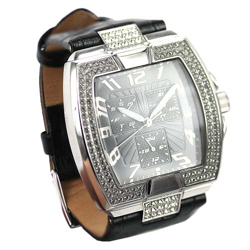 Guess Watches : W14515L1 Quartz Analog Day Date Crystal Bezel Black Leather Women Watch
