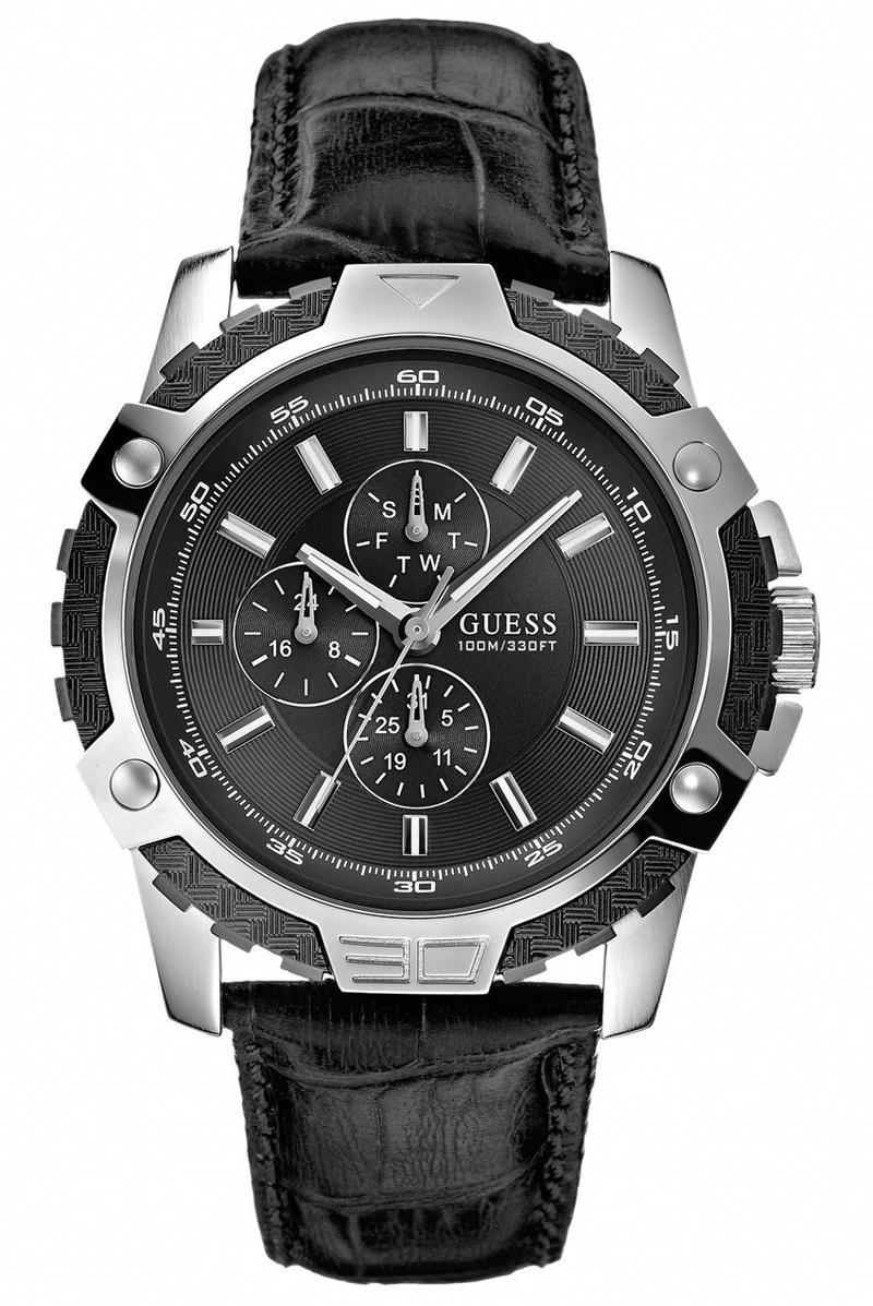 Guess Watches : W14558G1 Quartz Black Dial Stainless Steel Case With Black Leather Strap Men Watch
