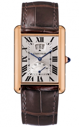 Cartier Watches : W1560003 Manual Winding Calibre 9753 18k Rose Gold Rectangular Silver Dial With Blue Sword Shaped Hands,date At 12 And Power Reserve Indicator At 7 Dial Brown Crocodile Leather Band Men Watch