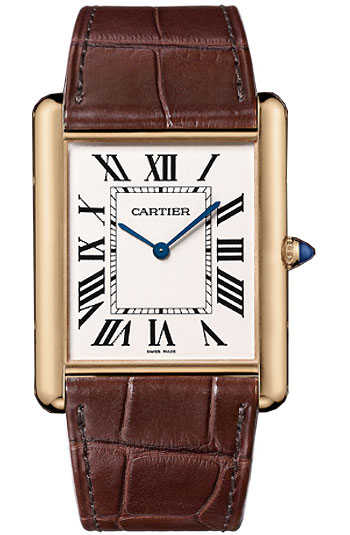 Cartier Watches : W1560017 Manual Winding Calibre 9753 18k Rose Gold Rectangular Silver Dial With Blue Sword Shaped Hands Dial Brown Crocodile Leather Band Men Watch