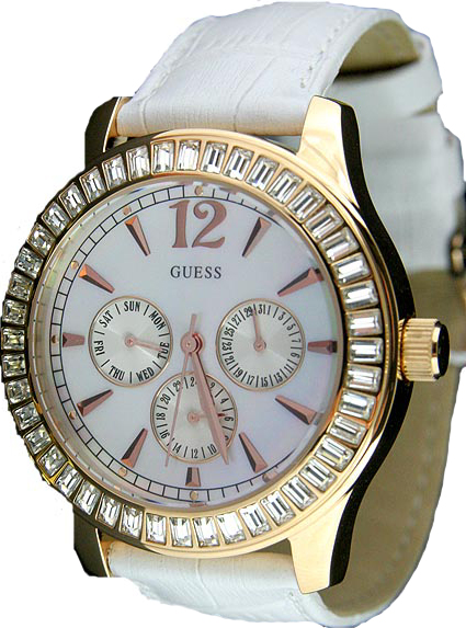 Guess Watches : W17516L1 Quartz Mother of Pearl Dial Crystal Bezel White Leather Women Watch