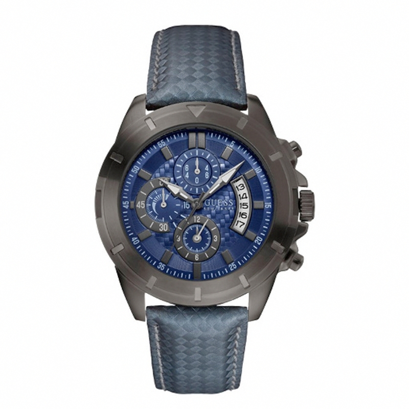 Guess Watches : W18549G2 Quartz Blue Dial Stainless Steel Case With Gray Leather Strap Men Watch