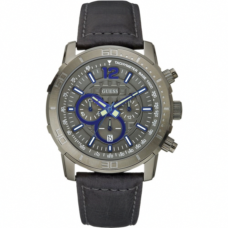 Guess Watches : W19006G1 Quartz Gray Dial Stainless Steel Case With Black Leather Strap Men Watch