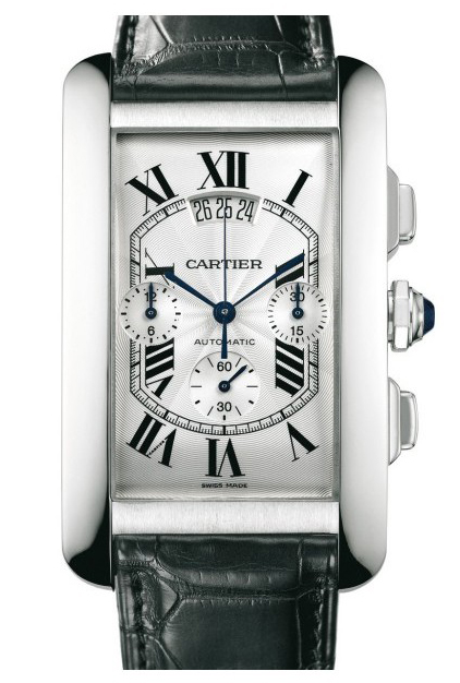 Cartier Watches : W2609456 Self Winding Automatic 18k White Gold Silver Chronograph With Roman Numeral Hour Markers And Date Aperture At 12 Dial Black Crocodile Leather Band Men Watch