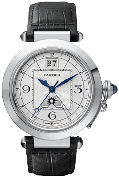 Cartier Watches : W3109255 Caliber 8011 MC Automatic Stainless Steel Silver Guilloche Dial With Date At 12 And Second Time Zone With Day/night Disk At 6 Dial Black Crocodile Leather Band Men Watch