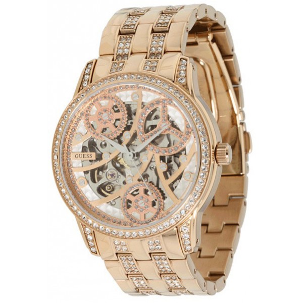 Guess Watches : W37501L1 Quartz Skeletal Dial Rose Gold Tone Stainless Steel Case And Bracelet Women Watch