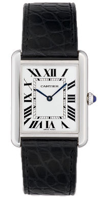 Cartier Watches : W5200003 Calibre 690 Quartz Stainless Steel Silver Opaline With Roman Numerals Dial Black Crocodile Leather Band Men Watch