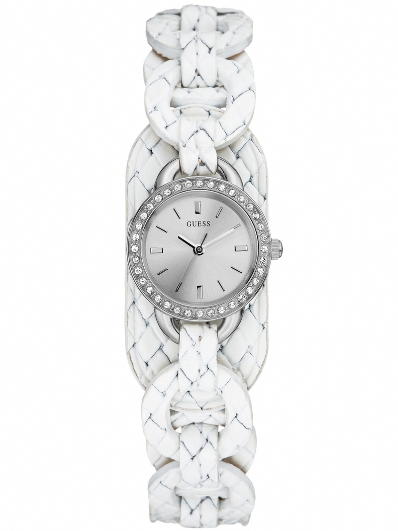 Guess Watches : W70027L1 Quartz White Dial Stainless Steel Case With White Leather Strap Women Watch