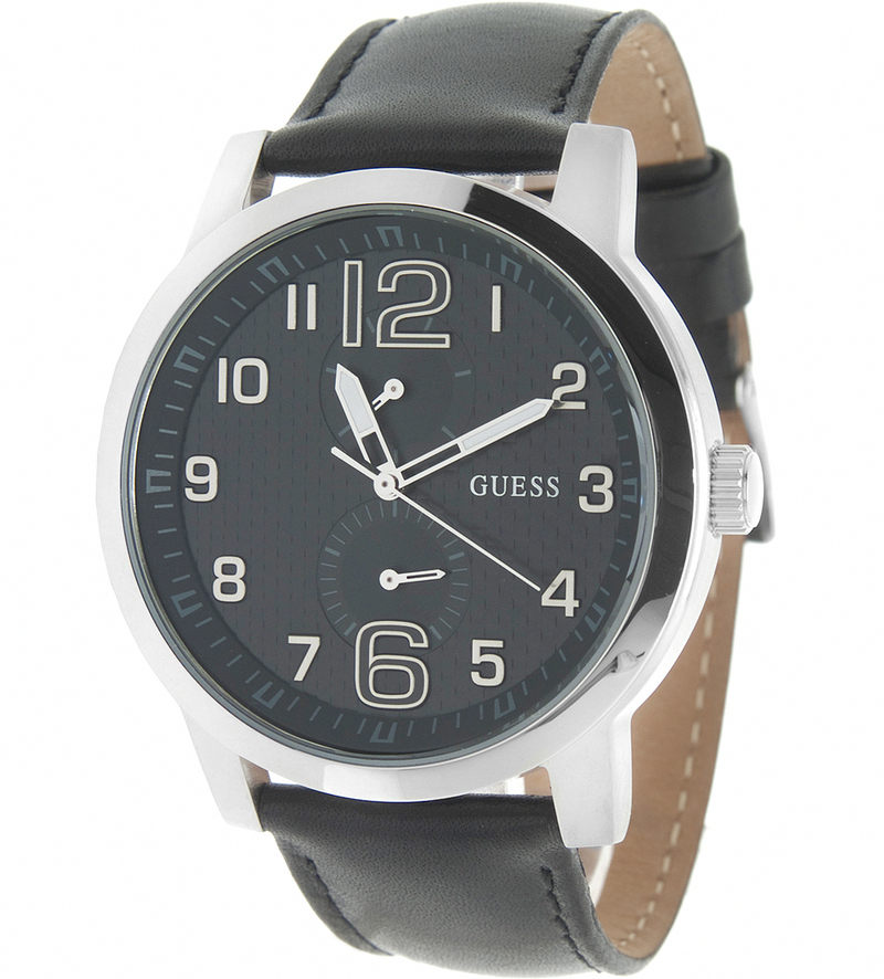 Guess Watches : W75042G1 Quartz Black Dial Stainless Steel Case With Black Leather Strap Men Watch