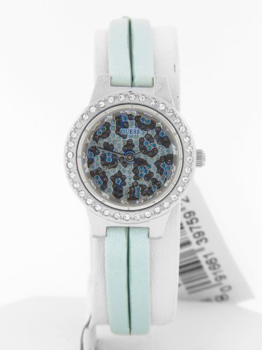 Guess Watches : W75047L3 Quartz Crystal Leopard Print Dial Crystal Bezel Shimmer Blue Leather Women Watch