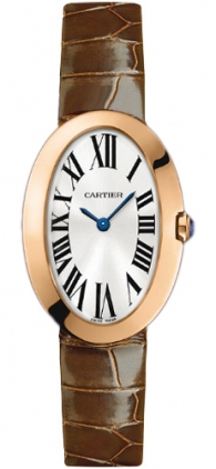 Cartier Watches : W8000007 Battery Operated Quartz 18k Polished Rose Gold Silver With Roman Numeral Hour Markers And Blue Sword Shaped Hands Dial Brown Crocodile Leather With 18k Gold Buckle Band Women Watch