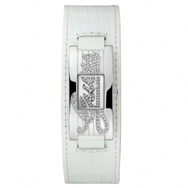 Guess Watches : W80055L3 Quartz Silver Dial Stainless Steel Case With White Leather Strap Women Watch