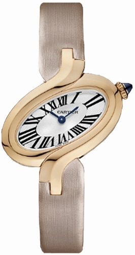 Cartier Watches : W8100009 Battery Operated Quartz Calibre 157 18k Rose Gold Oval Shaped Lacquered Silver With Blue Sword Shaped Hands Dial Toile Bross?e Or ?brushed Canvas? Band Women Watch